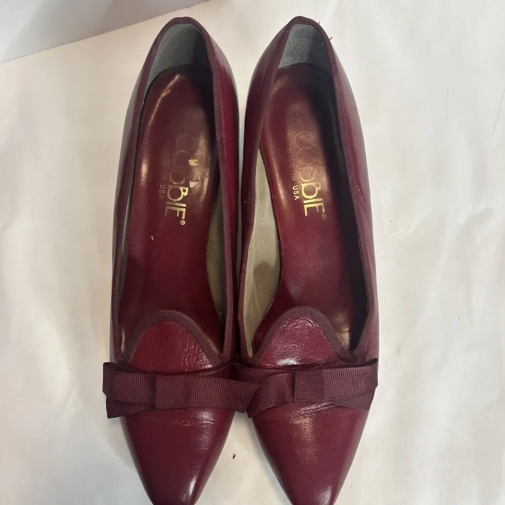 Vintage Wine I Inch Heeled Flat w/Pointed Toe Bows Size 7 Old Money Leather